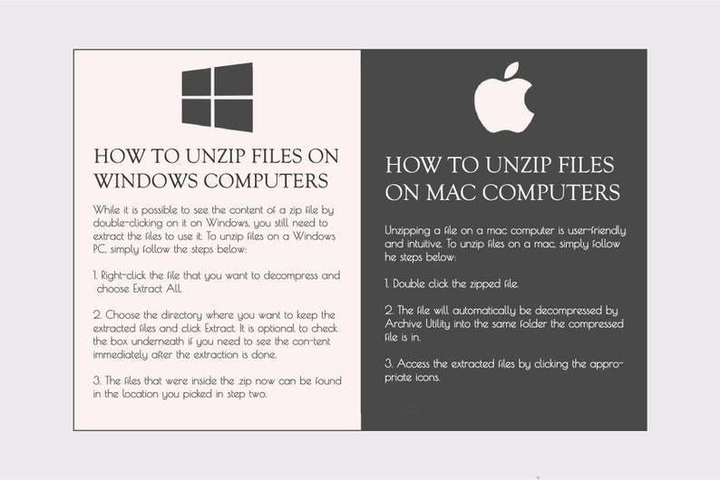 May include: A side-by-side comparison of how to unzip files on Windows and Mac computers. The Windows logo is on the left and the Apple logo is on the right. The text describes the steps to unzip files on each operating system.