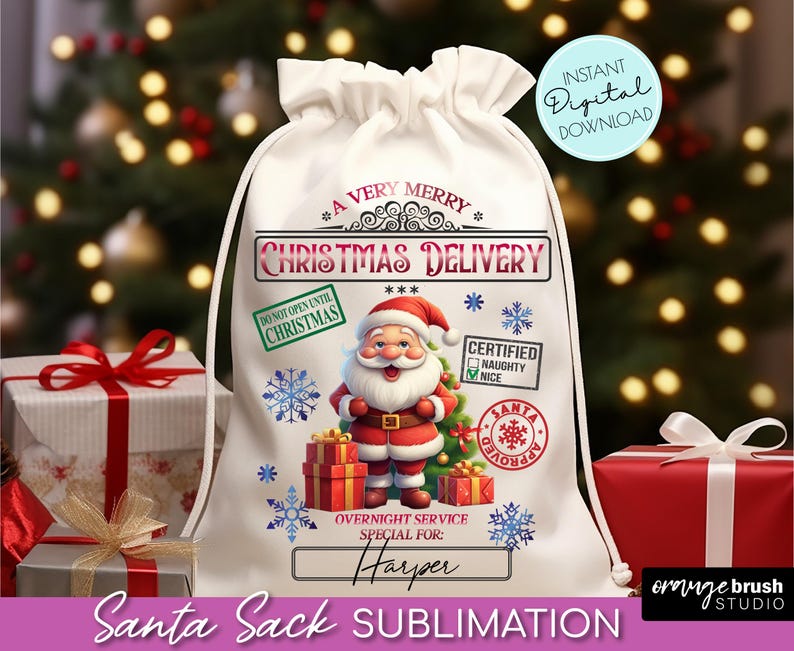 Santa Sack Sublimation Design, Christmas Gift Bag. Santa Claus Bag PNG File. Kids Christmas Sack 20 X 27 in size - Instant Download