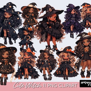 Clipart di strega carina, PNG di ragazza chibi di Halloween. Pacchetto di clipart di bambole kawaii. PNG per adesivi, sublimazione, artigianato - Download digitale