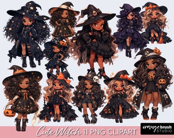 Cute Witch Clipart, Halloween Chibi Girl PNG. Kawaii Dolls Clipart Bundle. PNG for Stickers, Sublimation, Crafts - Digital Download