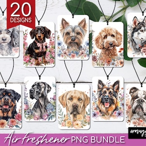 Floral Dog Air Freshener Sublimation Bundle. Watercolor Flowers 20 Dog Breeds Car Freshener PNG Bundle for Dog Mom Crafts - Digital Download