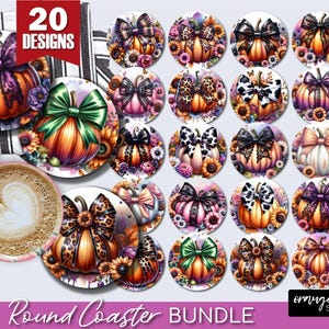 Coquette Fall Pumpkin Round Coaster Bundle, Autumn Pumpkin with Bow Sublimation PNG, Thanksgiving 20 Designs for Crafts - Digital Download