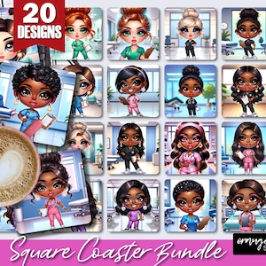 Paquete de posavasos de enfermera - Chibi Nurse Square Coaster Diseños de sublimación, Chibi PNG, Posavasos de sublimación de enfermera, Chibi Girl - Descarga digital