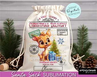 May include: A white canvas Santa sack with a red and white design. The sack features a cartoon deer, a Christmas tree, and the text "A Very Merry Christmas Delivery". The sack also has a personalized name tag that says "Olivia".