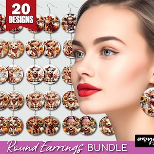 May include: A set of 20 round earrings featuring cute cartoon cows with fall-themed designs. The earrings are displayed on a white background with the text "Round Earrings Bundle".