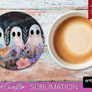 Ghost Halloween Coaster PNG Bundle, Cute Spooky Ghost Round Coaster Sublimation, Trendy Fall Vintage Checkered Iridescent - Digital Download