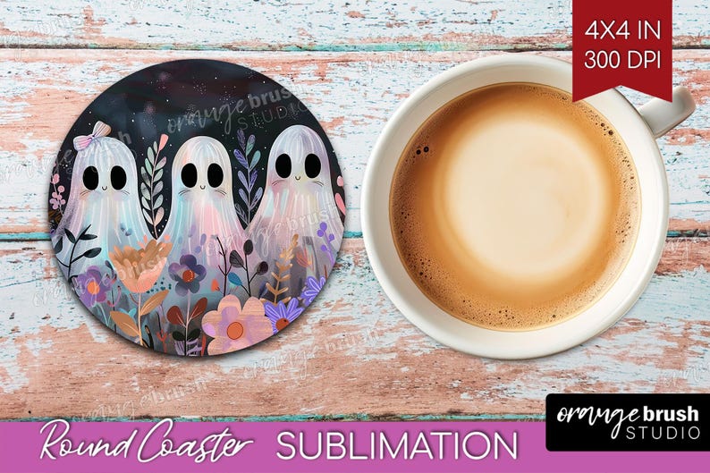 Ghost Halloween Coaster PNG Bundle, Cute Spooky Ghost Round Coaster Sublimation, Trendy Fall Vintage Checkered Iridescent - Digital Download