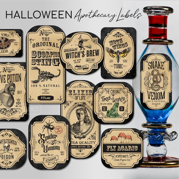 Witch Apothecary Labels, Halloween Potion Bottle Labels, Halloween Clipart, Printable Stickers, Witch's Brew Label - Digital Download
