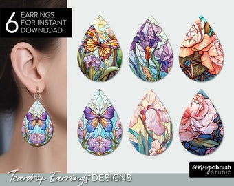 Butterfly Tear drop Earrings Bundle, Stained Glass Sublimation Designs, Teardrop Earring Template - Digital Download