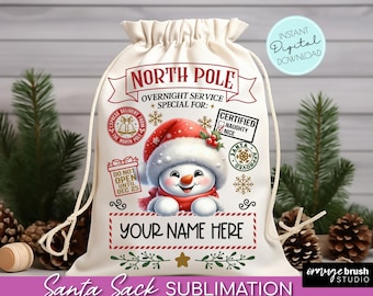 May include: A white canvas Santa sack with a red and white snowman illustration. The sack has a drawstring closure and the text "NORTH POLE" and "YOUR NAME HERE".
