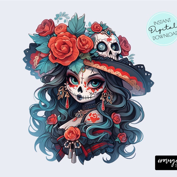 Day of the Dead PNG, La Catrina Girl, Halloween Sublimation, Sugar Skull PNG File for T-Shirts, Stickers, Crafts - Digital Download
