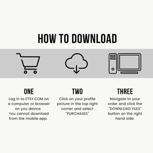 May include: A graphic with the text "HOW TO DOWNLOAD" and instructions for downloading files from Etsy. The steps include logging in on a computer, selecting "PURCHASES", and clicking the "DOWNLOAD FILES" button.