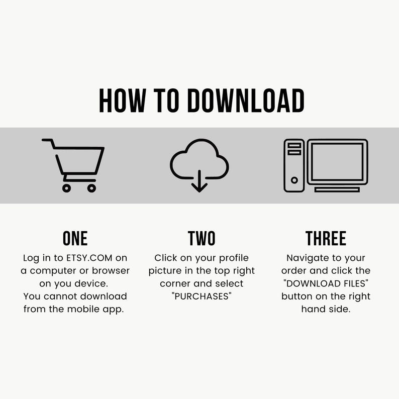May include: A graphic with the text "HOW TO DOWNLOAD" and instructions for downloading files from Etsy. The steps include logging in on a computer, selecting "PURCHASES", and clicking the "DOWNLOAD FILES" button.