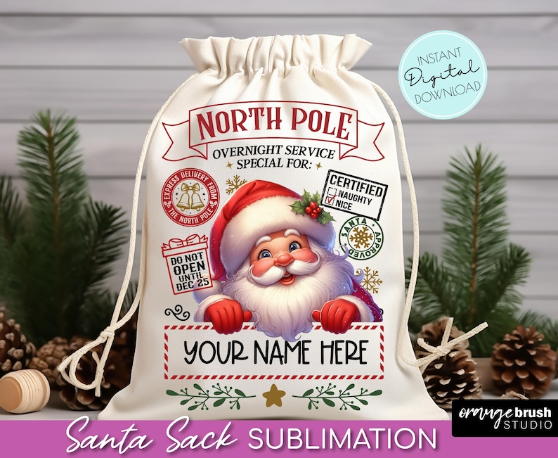 Santa Sack PNG Bundle, Cute Santa Gift Bag Sublimation Designs, North Pole Delivery, Kids Christmas Bag Templates - Instant Download