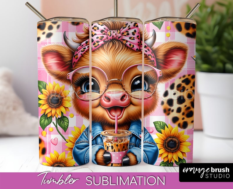 Highland Cow Tumbler Wrap, Baby Cow Tumbler Sublimation. Highland Cow Wrap Sublimation Design for 20 Oz Skinny Tumbler - Digital Download