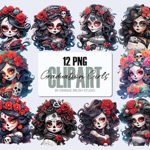 La Catrina Girl Clipart - Tag der Toten Sublimationsdesigns, Halloween Sugar Skull PNG für Planer, Aufkleber, Kunsthandwerk - Digital Download