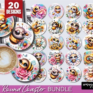 May include: Set of 20 round coasters featuring colorful illustrations of bees with flowers and inspirational quotes. The quotes include "Bee Kind", "Bee Happy", "Bee Sweet", and "Bee Yourself".