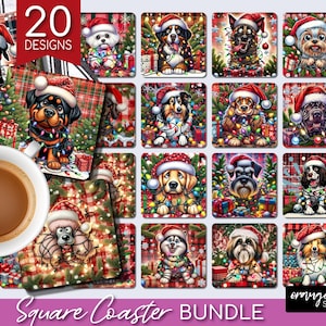 Christmas Dog Square Coaster Bundle, Dangled in Christmas Lights, 20 Funny Dog Coaster Sublimation Designs for Crafts - Digital Download