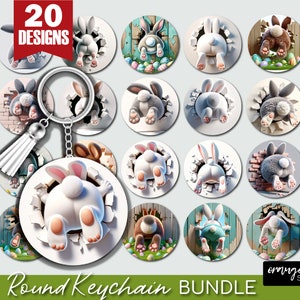 May include: 20 round keychain designs featuring a white bunny rabbit peeking out of a hole in a wall. The bunny is facing away from the viewer and has a fluffy tail. The designs are perfect for Easter or spring-themed crafts.