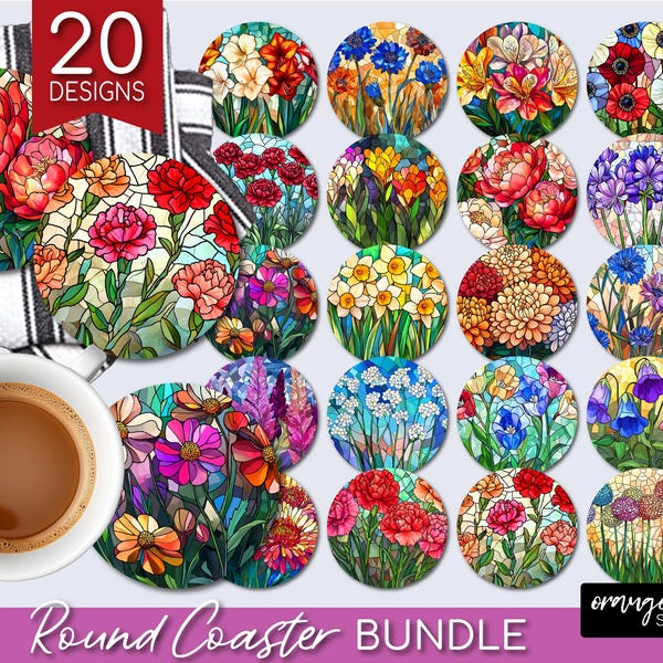 Paquete de posavasos redondos de vitral PNG, diseños de sublimación de posavasos con flores de verano, archivos PNG de posavasos florales de vitral - Descarga digital