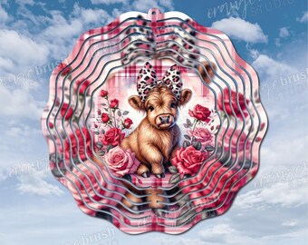 Highland Cow Wind Spinner Sublimation PNG, Cute Valentine's Day Highland Cow With Roses Template Design for Garden Crafts - Digital Download
