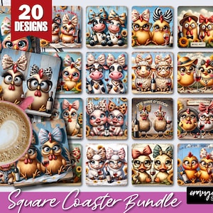 Bundel wijnonderzetter, grappige dieren vierkante onderzetter sublimatie, 20 onderzetters sublimatie ontwerpen voor ambachten - digitale download