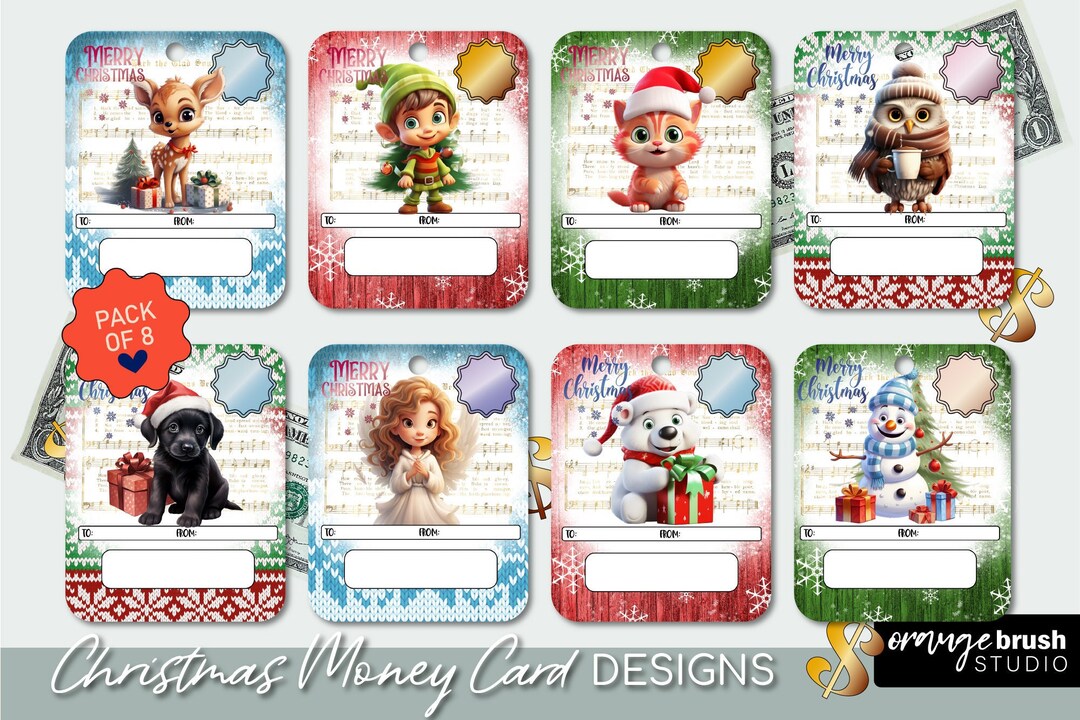 Cute Christmas Money Card, Printable Money Card Holder PNG Bundle. Lip Balm Card, Cute Designs ...