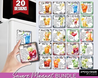 Cocktail Recipe Magnet Sublimation Bundle. Watercolor Cocktail Fridge Square Magnet PNG Sublimation for Kitchen Crafts - Digital Download