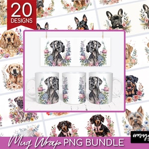 Watercolor Dog Mug Wrap Bundle - Floral Dog Breeds Sublimation Designs - Spring Flowers Mug 20 PNG Bundle for Dog Mom - Digital Download