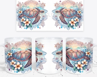 Sea Turtle Mug Wrap - Summer Beach Coffee Mug PNG Design. 15Oz Mug Sublimation, Tropical Mandala Boho Style PNG - Digital Download