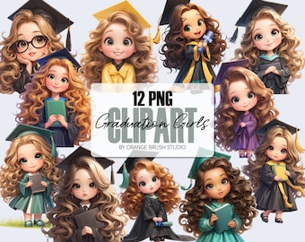 May include: Twelve digital illustrations of girls wearing graduation caps and gowns. The girls have long, curly hair in various colors, including blonde, brown, and red. Each girl is holding a diploma or a book. The illustrations are in a cartoon style and have a whimsical feel.