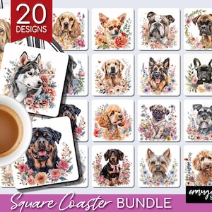 Floral Dog Coaster Bundle, Summer Sublimation Square Coasters, 20 Dog Breeds with Spring Flowers PNG Bundle for Crafts - Digital Download