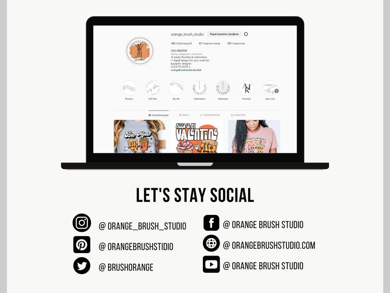 Op de afbeelding: Een laptopscherm waarop een social media-profiel wordt weergegeven voor een bedrijf genaamd "Orange Brush Studio". Het profiel bevat een logo, een beschrijving en links naar de social media-accounts van het bedrijf. De tekst "LET'S STAY SOCIAL" wordt onder de laptop weergegeven.