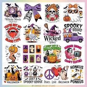 Puede incluir: Una colecci&oacute;n de dise&ntilde;os digitales con tem&aacute;tica de Halloween que presentan varias ilustraciones. Los dise&ntilde;os incluyen una calavera, un sombrero de bruja, un fantasma, una calabaza y texto como "Wicked Vibes" y "Spooky Squad". La paleta de colores incluye naranja, morado, negro y blanco.