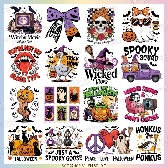Retro Halloween PNG Bundle, 20 Spooky Boo Designs, Coquette Bow Girly Halloween PNG, Goose Witch Ghost Black Cat - Digital Download