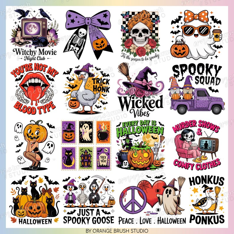 Puede incluir: Una colecci&oacute;n de dise&ntilde;os digitales con tem&aacute;tica de Halloween que presentan varias ilustraciones. Los dise&ntilde;os incluyen una calavera, un sombrero de bruja, un fantasma, una calabaza y texto como "Wicked Vibes" y "Spooky Squad". La paleta de colores incluye naranja, morado, negro y blanco.