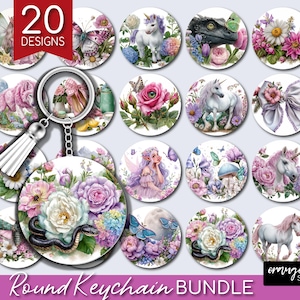 May include: A round keychain bundle featuring 20 designs. The designs include watercolor illustrations of unicorns, fairies, flowers, butterflies, and a snake. The keychain has a silver ring and a white tassel. The text "Round Keychain BUNDLE" is at the bottom.