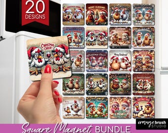 Christmas Chicken Magnet Sublimation Bundle. Funny Christmas Fridge Magnet Designs for Crafts, Chickens with Wine PNG - Digital Download