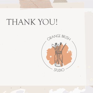 May include: Thank you! Orange Brush Studio logo with a jar of paintbrushes on a peach-colored background.