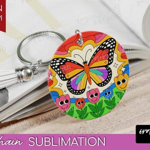 Groovy Summer Keychain Sublimation Bundle. Retro Summer Vibes Keyring, 20 Round Hippie Smiley Flowers Keychain Designs - Digital Download