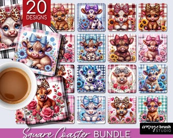 Bundle med Highland Cow-underlägg, fyrkantiga underlägg för alla hjärtans dag, sublimering, 20 söta Alla hjärtans dag-kor i PNG-format för hantverk - digital nedladdning