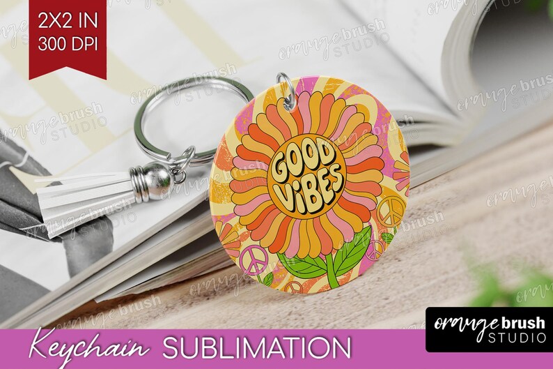 Groovy Summer Keychain Sublimation Bundle. Retro Summer Vibes Keyring, 20 Round Hippie Smiley Flowers Keychain Designs - Digital Download