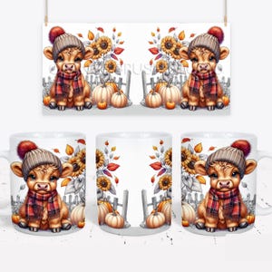 May include: White ceramic coffee mugs featuring a charming illustration of a calf wearing a knit hat and plaid scarf. The design includes pumpkins, sunflowers, and fall foliage. The mugs are perfect for autumn-themed gifts.