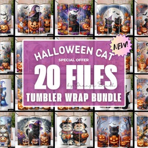 20 個のハロウィン キャット タンブラー ラップ バンドル、20 オンス スキニー タンブラー昇華デザイン、かわいいゴシック ブラック キャット タンブラー テンプレート - デジタル ダウンロード
