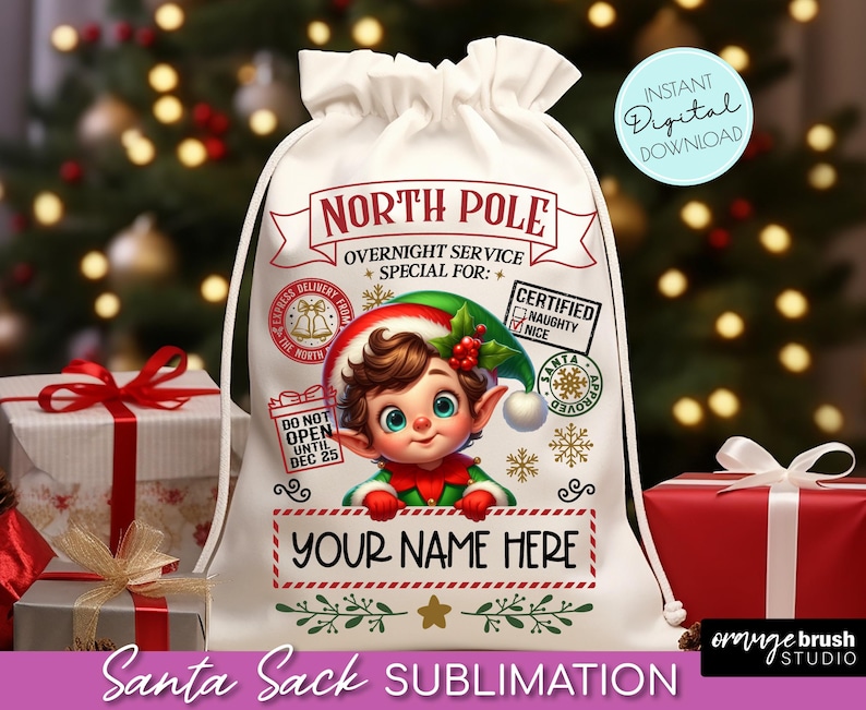 Santa Sack PNG Bundle, Cute Santa Gift Bag Sublimation Designs, North Pole Delivery, Kids Christmas Bag Templates - Instant Download