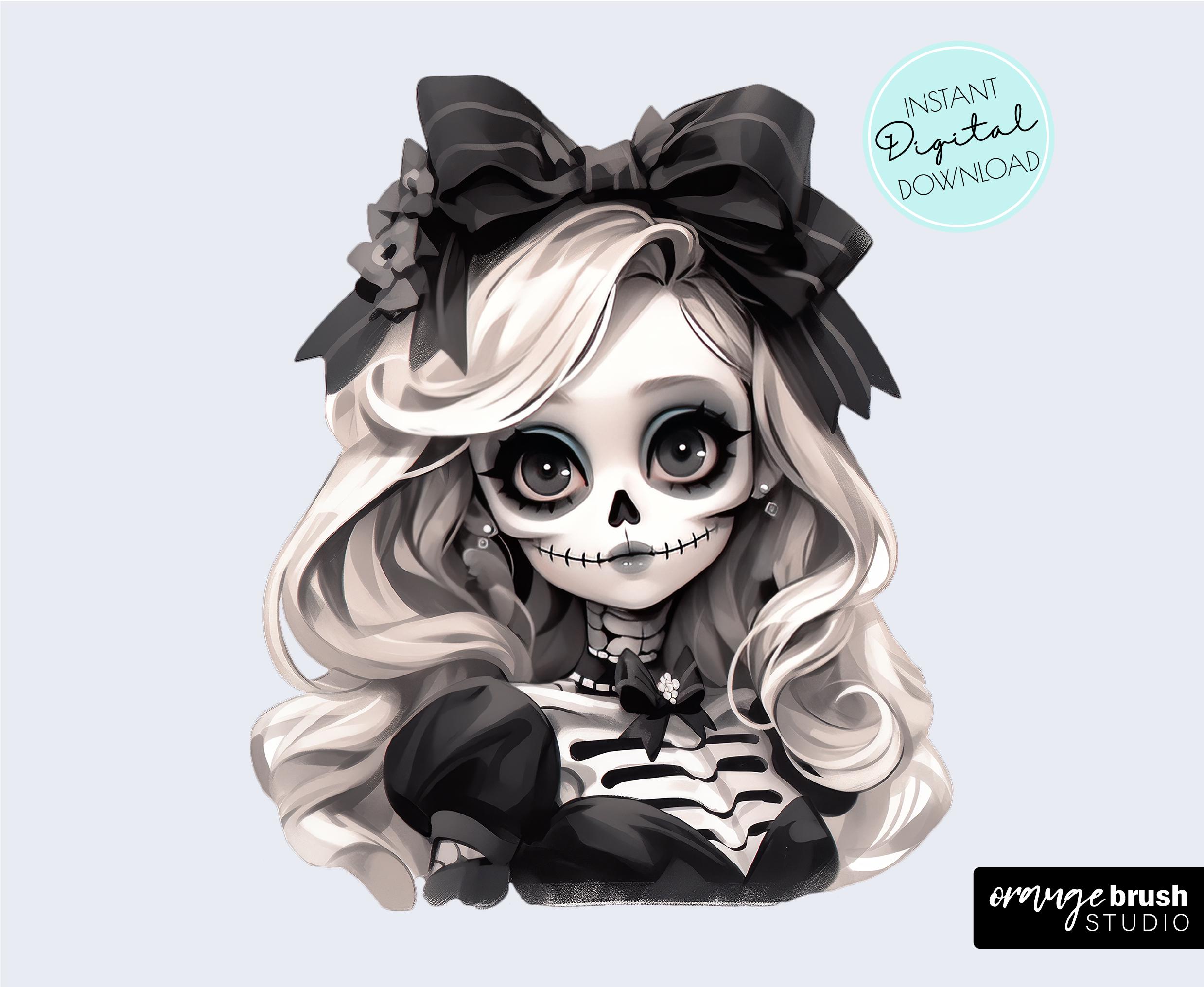 Skeleton Girl Clipart - Halloween Chibi Doll Sublimation PNG Design, Halloween Fashion Girl Gothic Clipart for Crafts - Digital Download