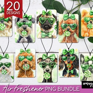 St Patrick's Day Dog Air Freshener PNG Bundle. Green Coquette Bow 20 Dog Breeds Sublimation Bundle for Dog Mom Crafts - Digital Download