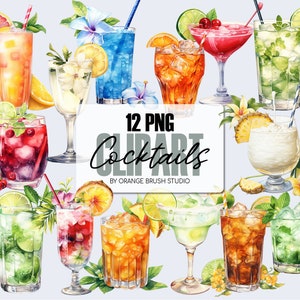 Paquete de imágenes prediseñadas de cócteles de acuarela, diseños PNG de cócteles de verano. 20 ilustraciones PNG de bebidas alcohólicas para manualidades: descarga digital