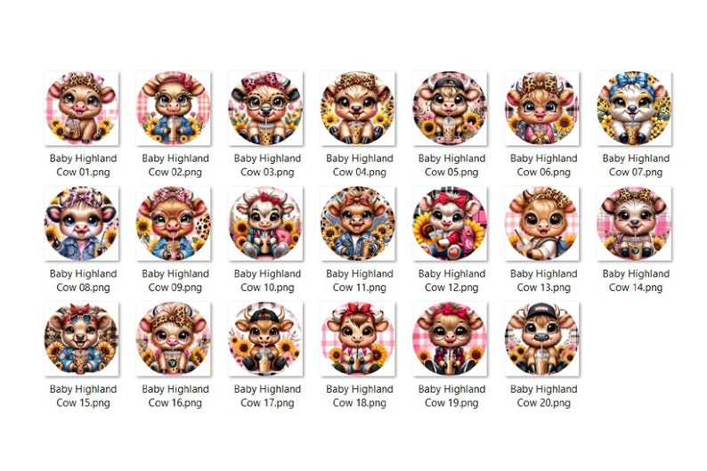 May include: Twenty digital illustrations of baby Highland cows wearing different outfits and accessories. Each illustration is a circle with a pink and white checkered background and sunflowers.