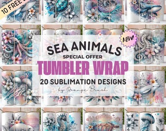 Sea Animals Tumbler Sublimation Bundle, Skinny Tumbler PNG Designs, Tropical Watercolor Tumbler Wrap Bundle for Crafts - Digital Download